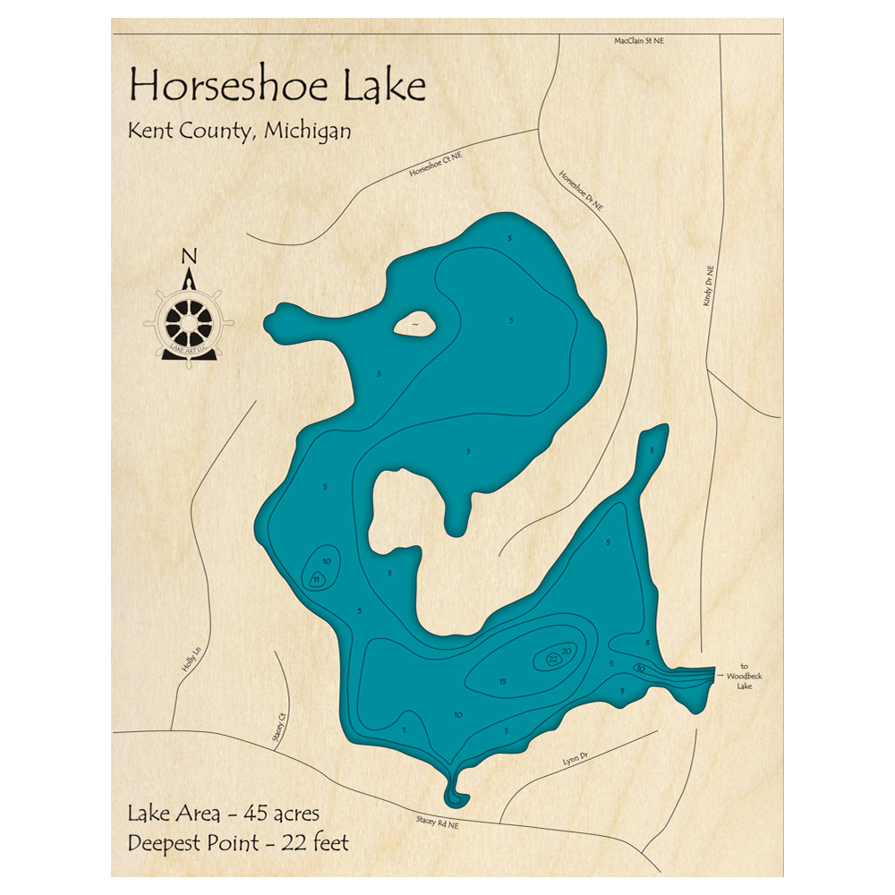 Bathymetric topo map of Horseshoe Lake, MI with roads, towns and depths noted in blue water.