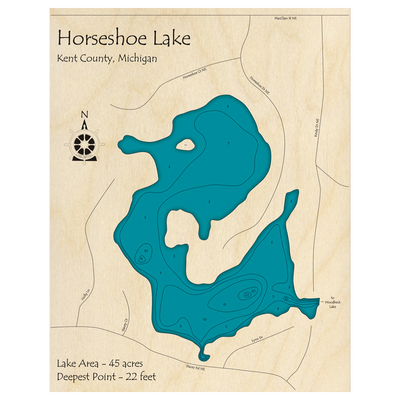 Bathymetric topo map of Horseshoe Lake, MI with roads, towns and depths noted in blue water.