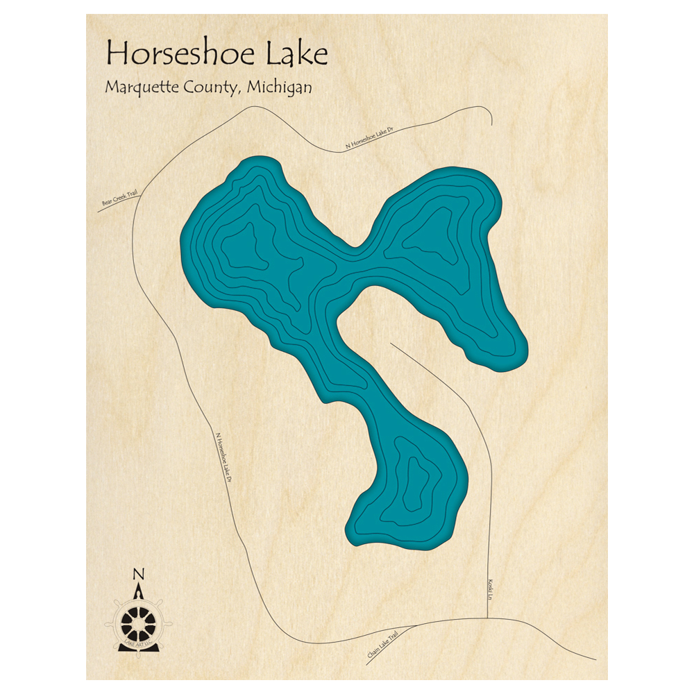 Bathymetric topo map of Horseshoe Lake, MI with roads, towns and depths noted in blue water.