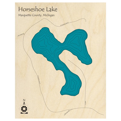 Bathymetric topo map of Horseshoe Lake, MI with roads, towns and depths noted in blue water.