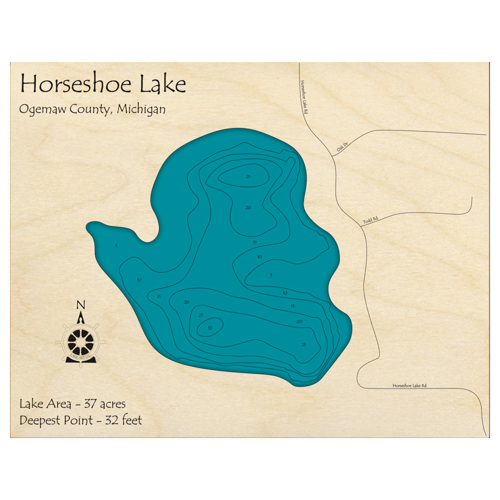 Bathymetric topo map of Horseshoe Lake, MI with roads, towns and depths noted in blue water.