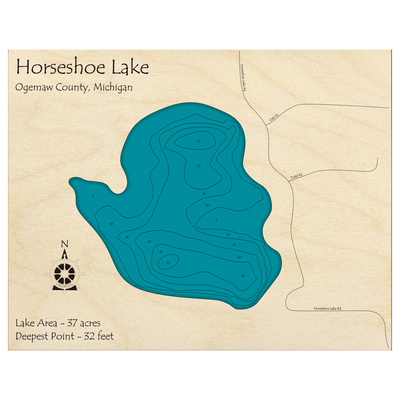 Bathymetric topo map of Horseshoe Lake, MI with roads, towns and depths noted in blue water.