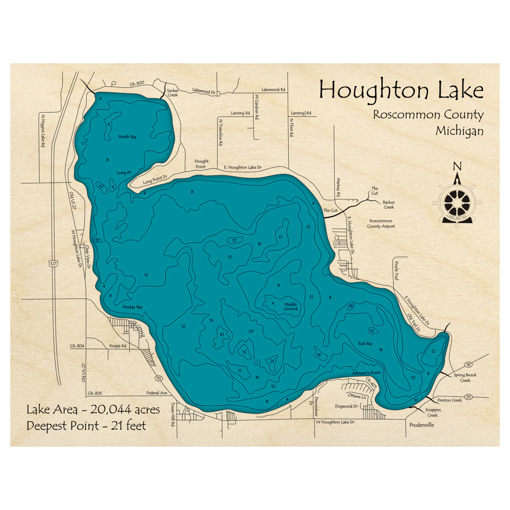 Bathymetric topo map of Houghton Lake, MI with roads, towns and depths noted in blue water.