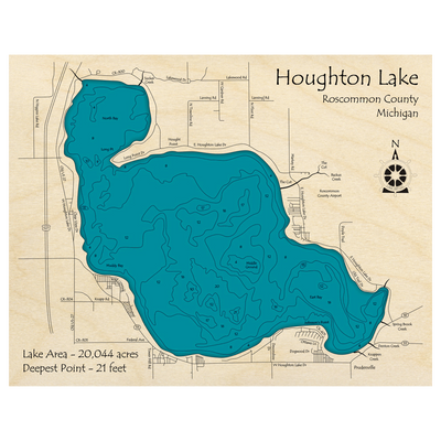 Bathymetric topo map of Houghton Lake, MI with roads, towns and depths noted in blue water.
