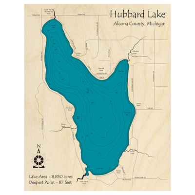 Bathymetric topo map of Hubbard Lake, MI with roads, towns and depths noted in blue water.