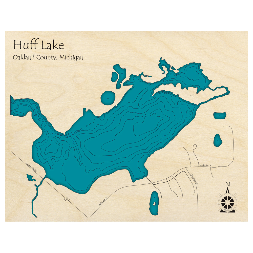 Bathymetric topo map of Huff Lake, MI with roads, towns and depths noted in blue water.