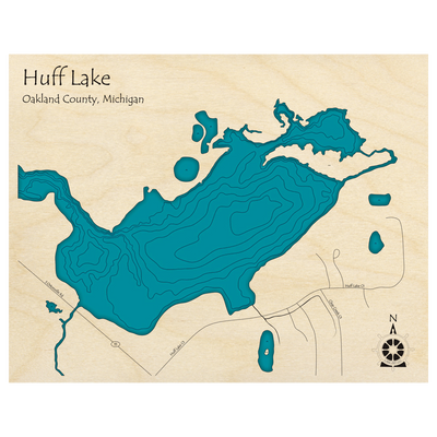 Bathymetric topo map of Huff Lake, MI with roads, towns and depths noted in blue water.