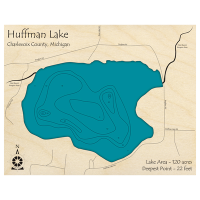 Bathymetric topo map of Huffman Lake, MI with roads, towns and depths noted in blue water.