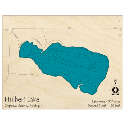 Bathymetric topo map of Hulbert Lake, MI with roads, towns and depths noted in blue water.