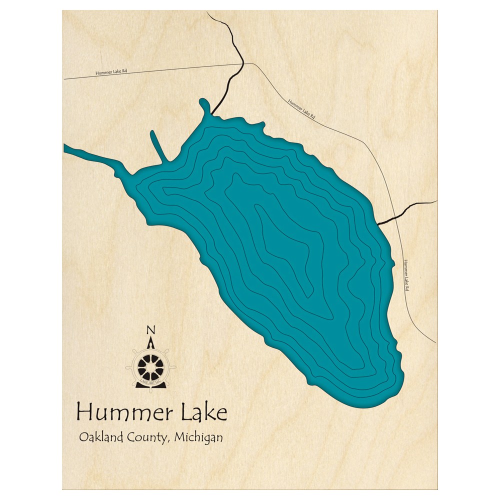 Bathymetric topo map of Hummer Lake, MI with roads, towns and depths noted in blue water.