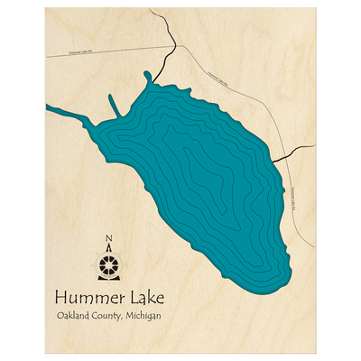 Bathymetric topo map of Hummer Lake, MI with roads, towns and depths noted in blue water.