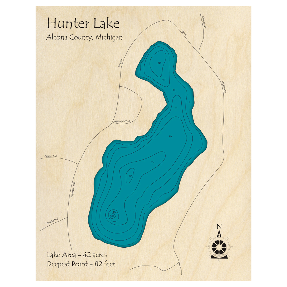 Bathymetric topo map of Hunter Lake, MI with roads, towns and depths noted in blue water.