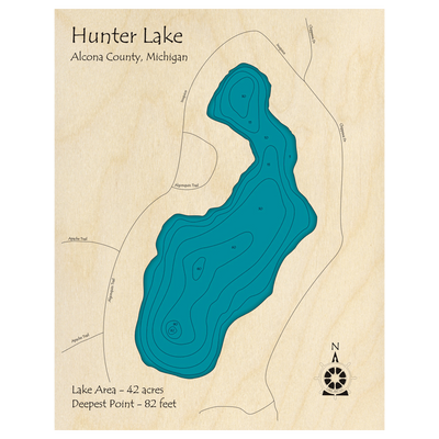 Bathymetric topo map of Hunter Lake, MI with roads, towns and depths noted in blue water.