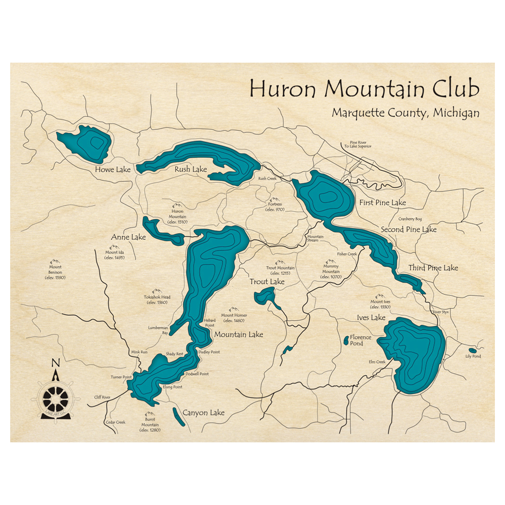 Bathymetric topo map of Huron Mountain Club Lakes, MI with roads, towns and depths noted in blue water.