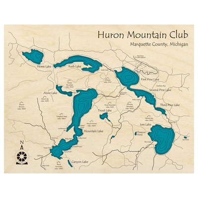 Bathymetric topo map of Huron Mountain Club Lakes, MI with roads, towns and depths noted in blue water.