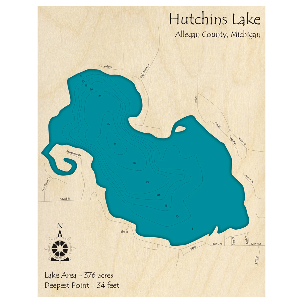 Bathymetric topo map of Hutchins Lake, MI with roads, towns and depths noted in blue water.