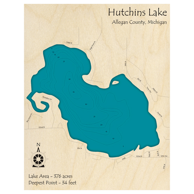 Bathymetric topo map of Hutchins Lake, MI with roads, towns and depths noted in blue water.