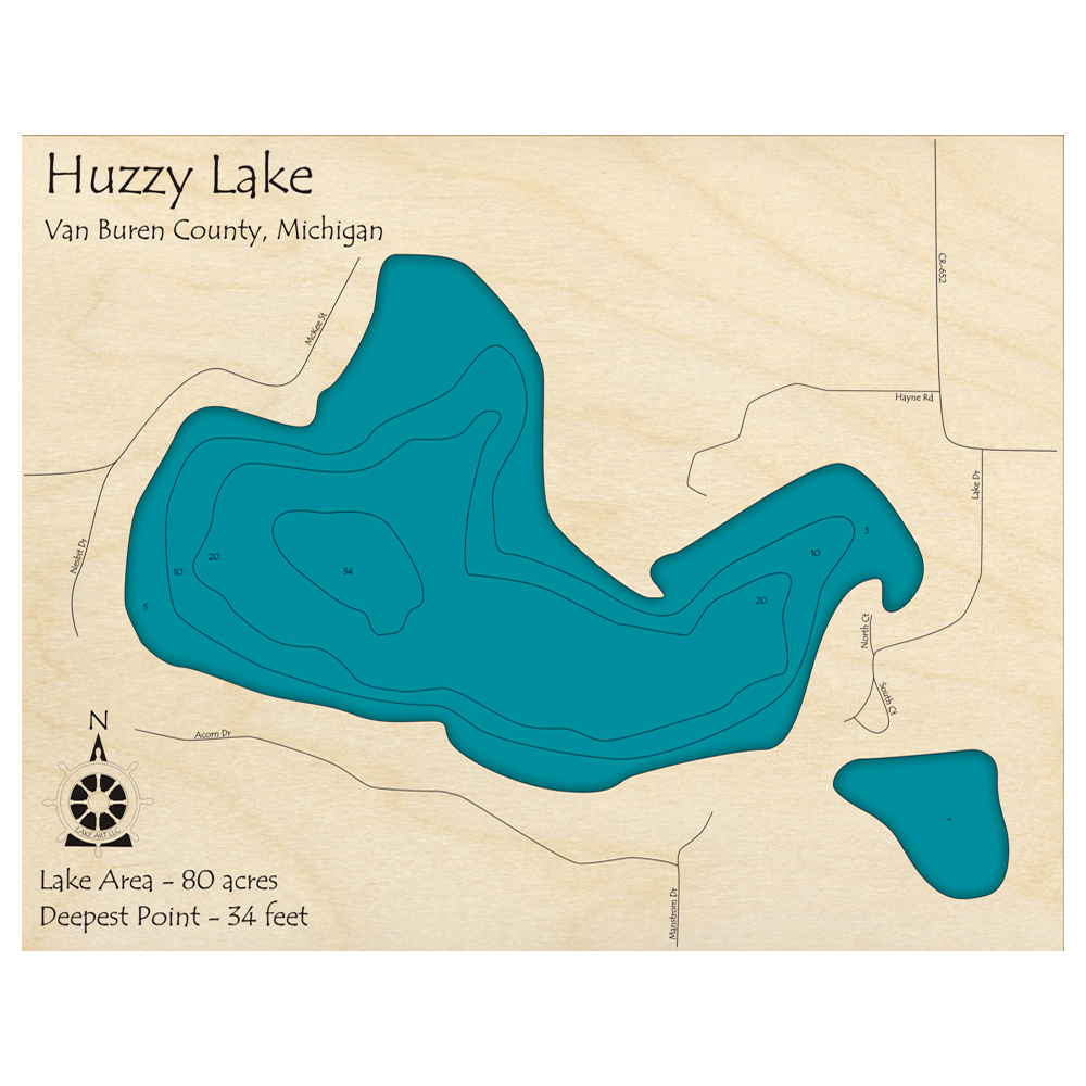 Bathymetric topo map of Huzzy Lake, MI with roads, towns and depths noted in blue water.