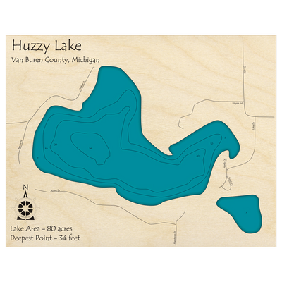 Bathymetric topo map of Huzzy Lake, MI with roads, towns and depths noted in blue water.