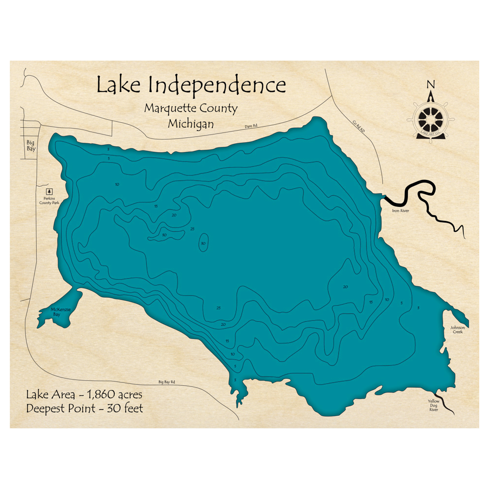 Bathymetric topo map of Lake Independence, MI with roads, towns and depths noted in blue water.