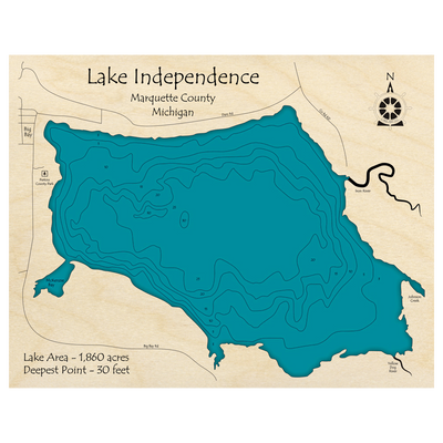Bathymetric topo map of Lake Independence, MI with roads, towns and depths noted in blue water.