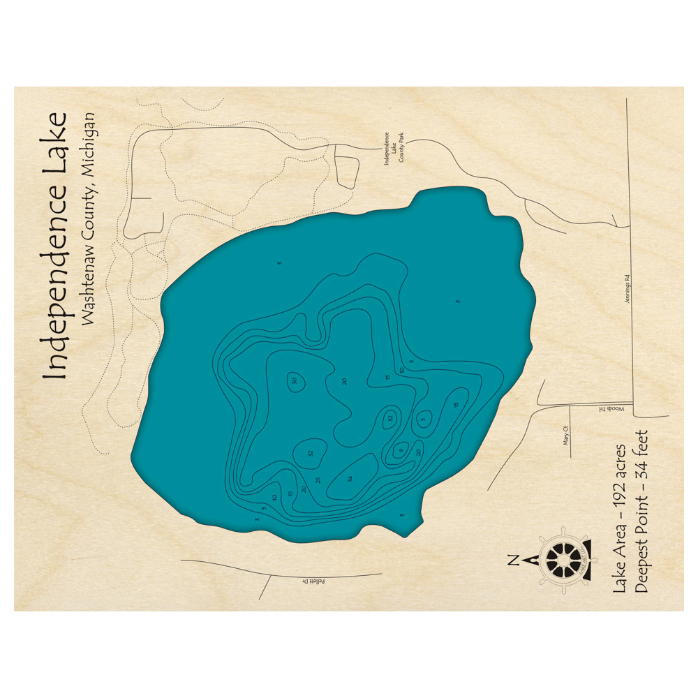 Bathymetric topo map of Independence Lake, MI with roads, towns and depths noted in blue water.