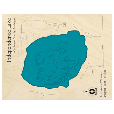 Bathymetric topo map of Independence Lake, MI with roads, towns and depths noted in blue water.