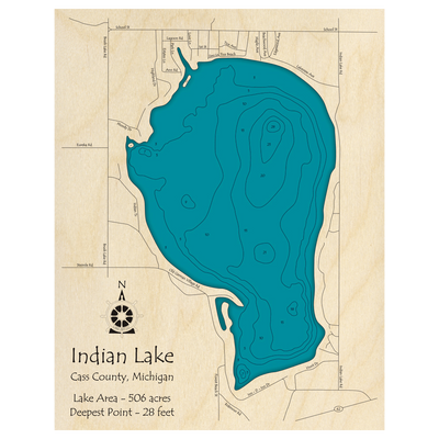 Bathymetric topo map of Indian Lake, MI with roads, towns and depths noted in blue water.