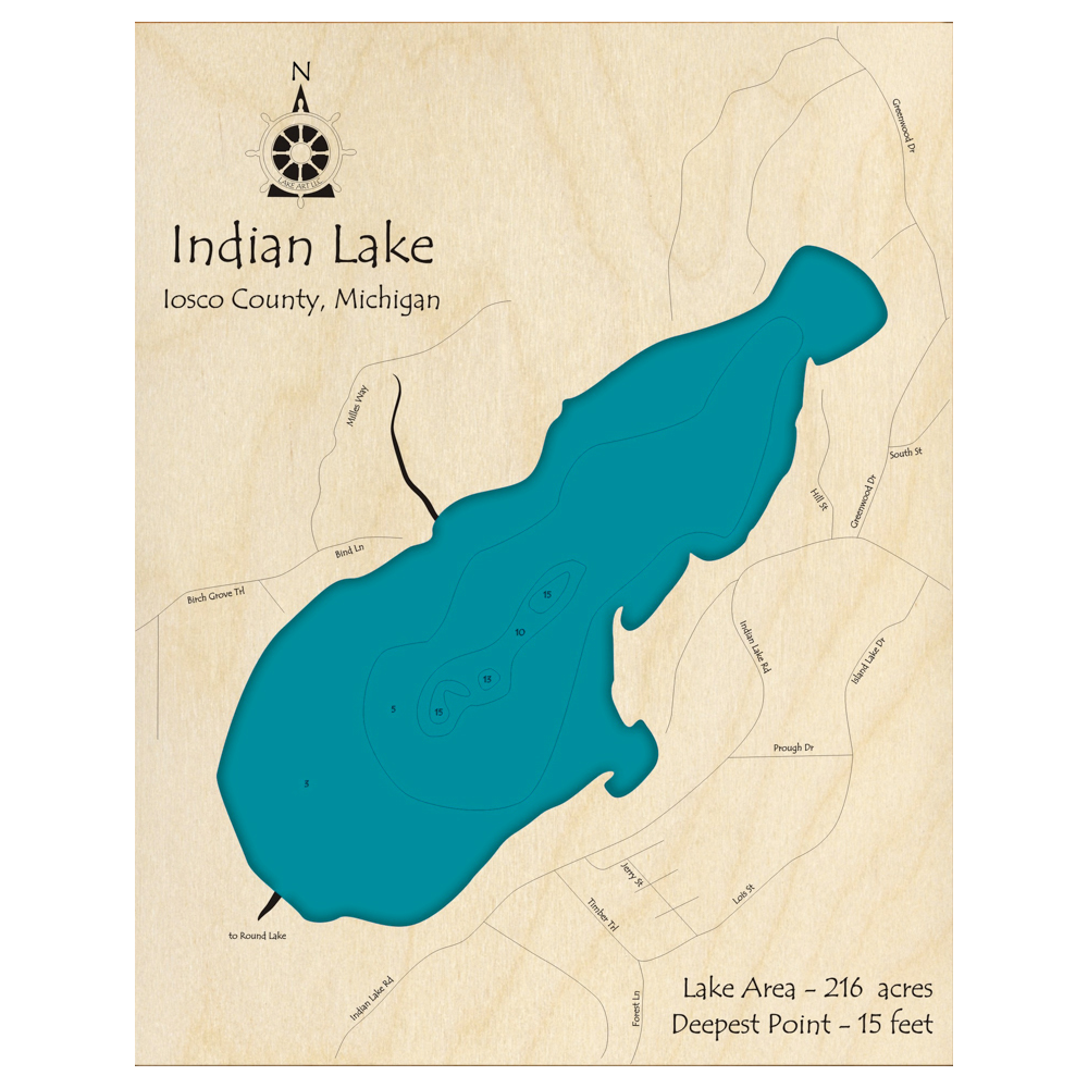 Bathymetric topo map of Indian Lake, MI with roads, towns and depths noted in blue water.