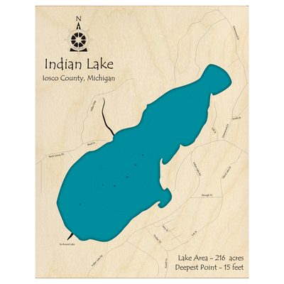 Bathymetric topo map of Indian Lake, MI with roads, towns and depths noted in blue water.