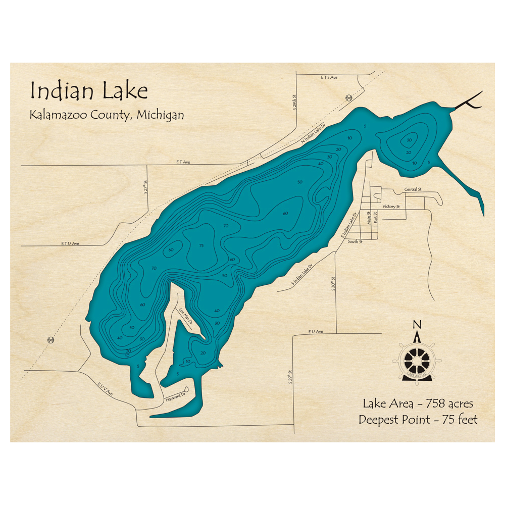 Bathymetric topo map of Indian Lake, MI with roads, towns and depths noted in blue water.