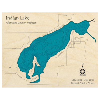 Bathymetric topo map of Indian Lake, MI with roads, towns and depths noted in blue water.