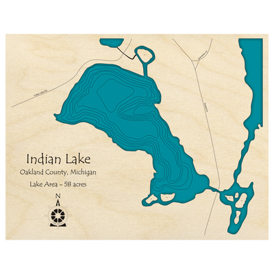 Bathymetric topo map of Indian Lake, MI with roads, towns and depths noted in blue water.