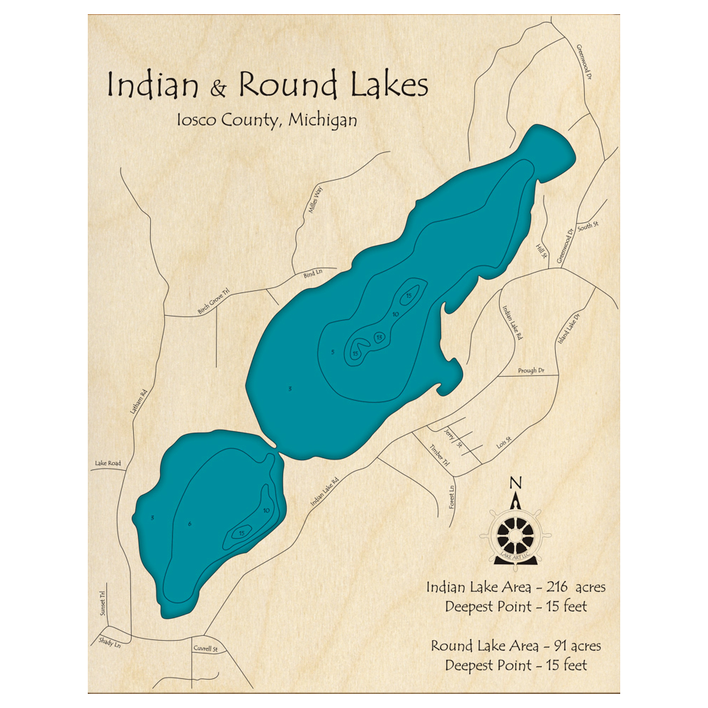 Bathymetric topo map of Indian Lake, MI with roads, towns and depths noted in blue water.