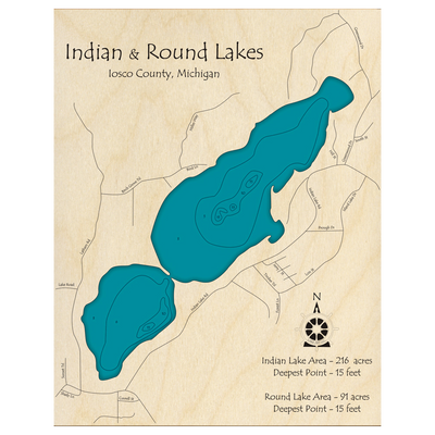 Bathymetric topo map of Indian Lake, MI with roads, towns and depths noted in blue water.