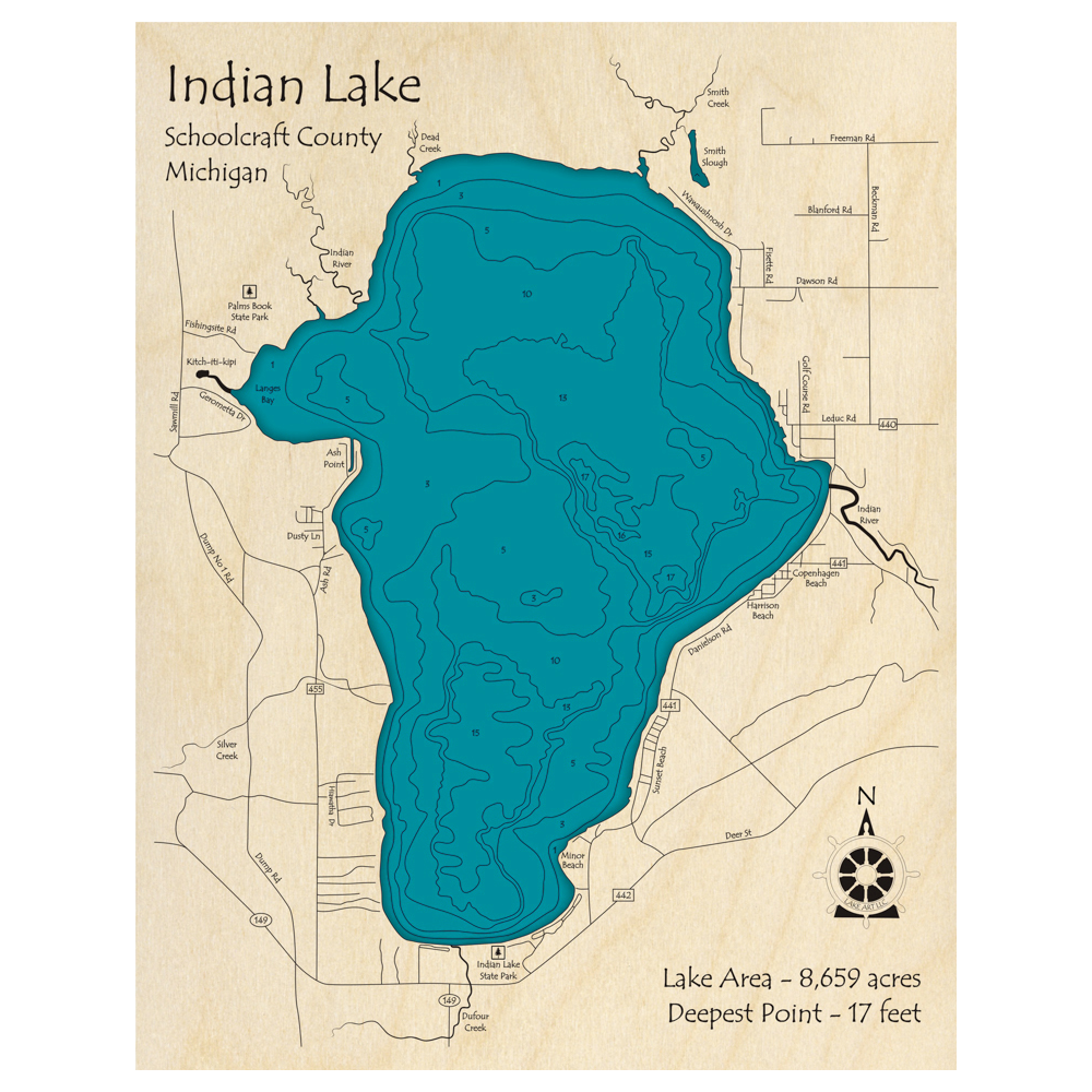 Bathymetric topo map of Indian Lake, MI with roads, towns and depths noted in blue water.