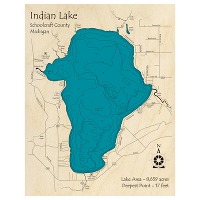 Bathymetric topo map of Indian Lake, MI with roads, towns and depths noted in blue water.