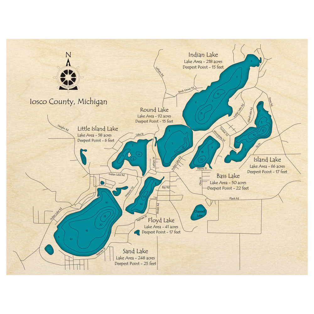 Bathymetric topo map of Indian Lake, MI with roads, towns and depths noted in blue water.