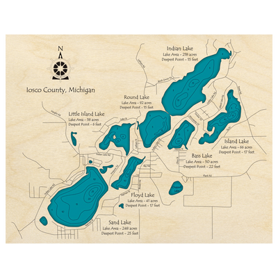 Bathymetric topo map of Indian Lake, MI with roads, towns and depths noted in blue water.