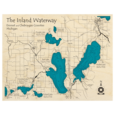 Bathymetric topo map of Inland Waterway, MI with roads, towns and depths noted in blue water.