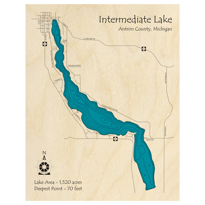 Bathymetric topo map of Intermediate Lake, MI with roads, towns and depths noted in blue water.