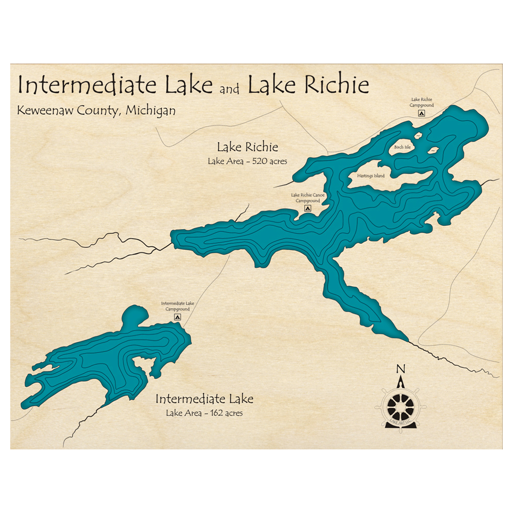 Bathymetric topo map of Intermediate Lake, MI with roads, towns and depths noted in blue water.