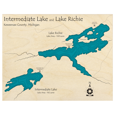Bathymetric topo map of Intermediate Lake, MI with roads, towns and depths noted in blue water.