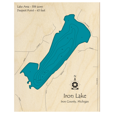 Bathymetric topo map of Iron Lake, MI with roads, towns and depths noted in blue water.