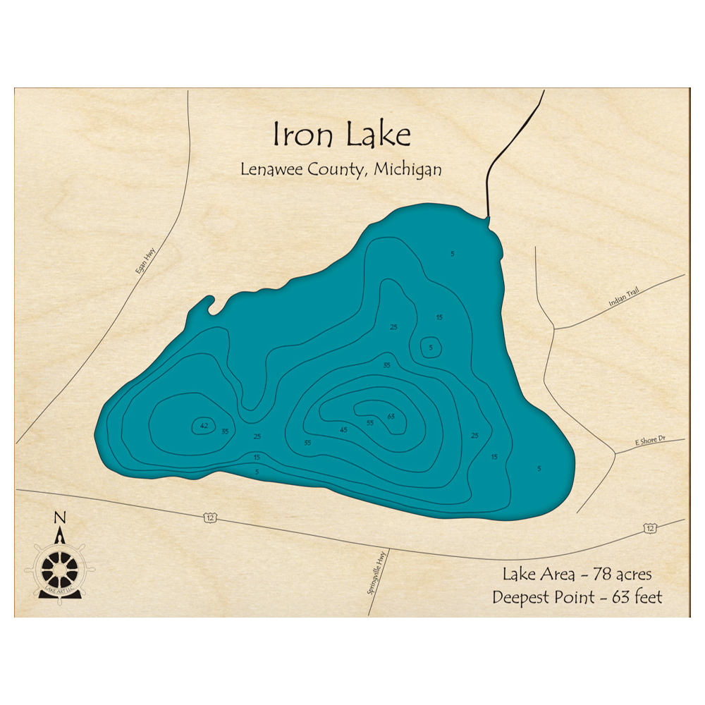 Bathymetric topo map of Iron Lake, MI with roads, towns and depths noted in blue water.