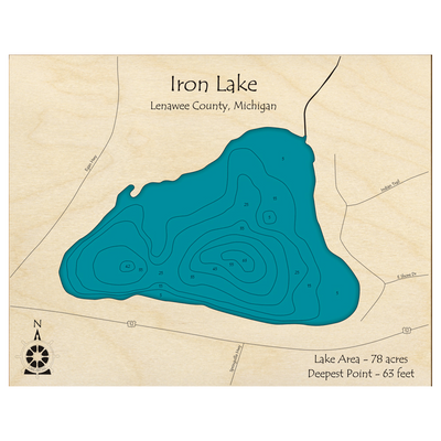 Bathymetric topo map of Iron Lake, MI with roads, towns and depths noted in blue water.