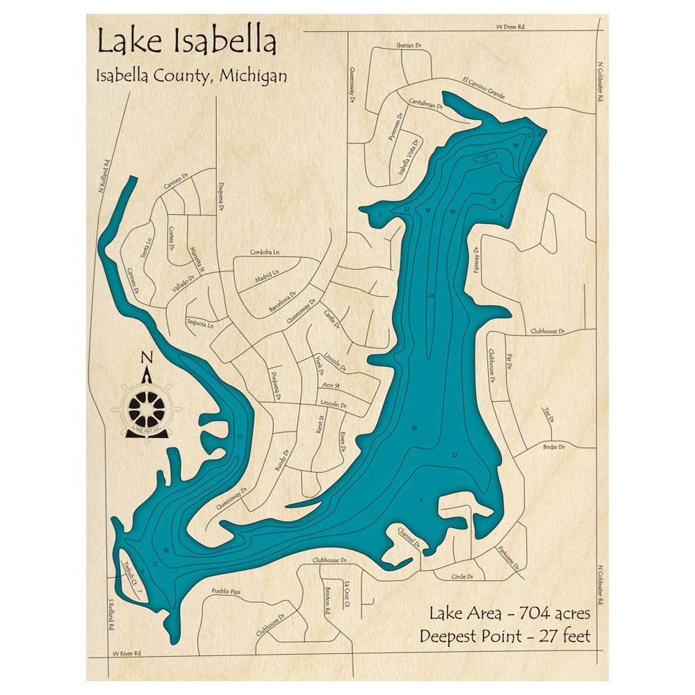 Bathymetric topo map of Lake Isabella, MI with roads, towns and depths noted in blue water.