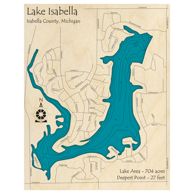 Bathymetric topo map of Lake Isabella, MI with roads, towns and depths noted in blue water.