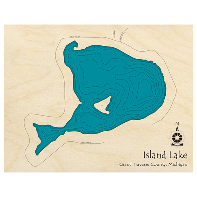 Bathymetric topo map of Island Lake, MI with roads, towns and depths noted in blue water.