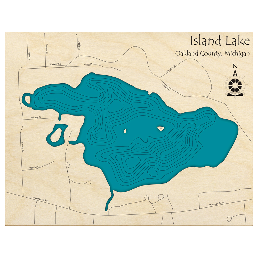 Bathymetric topo map of Island Lake, MI with roads, towns and depths noted in blue water.